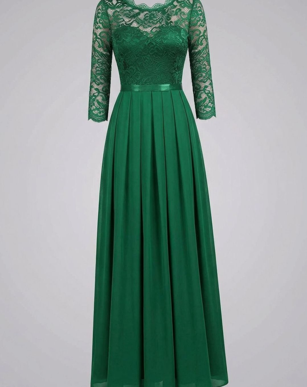 Women's Lace Bodice Three-Quarter Sleeve Chiffon Maxi Dress - Green