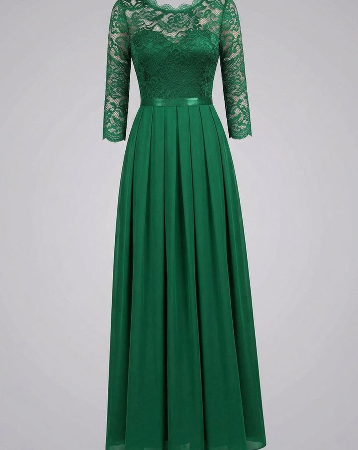 Women's Lace Bodice Three-Quarter Sleeve Chiffon Maxi Dress - Green
