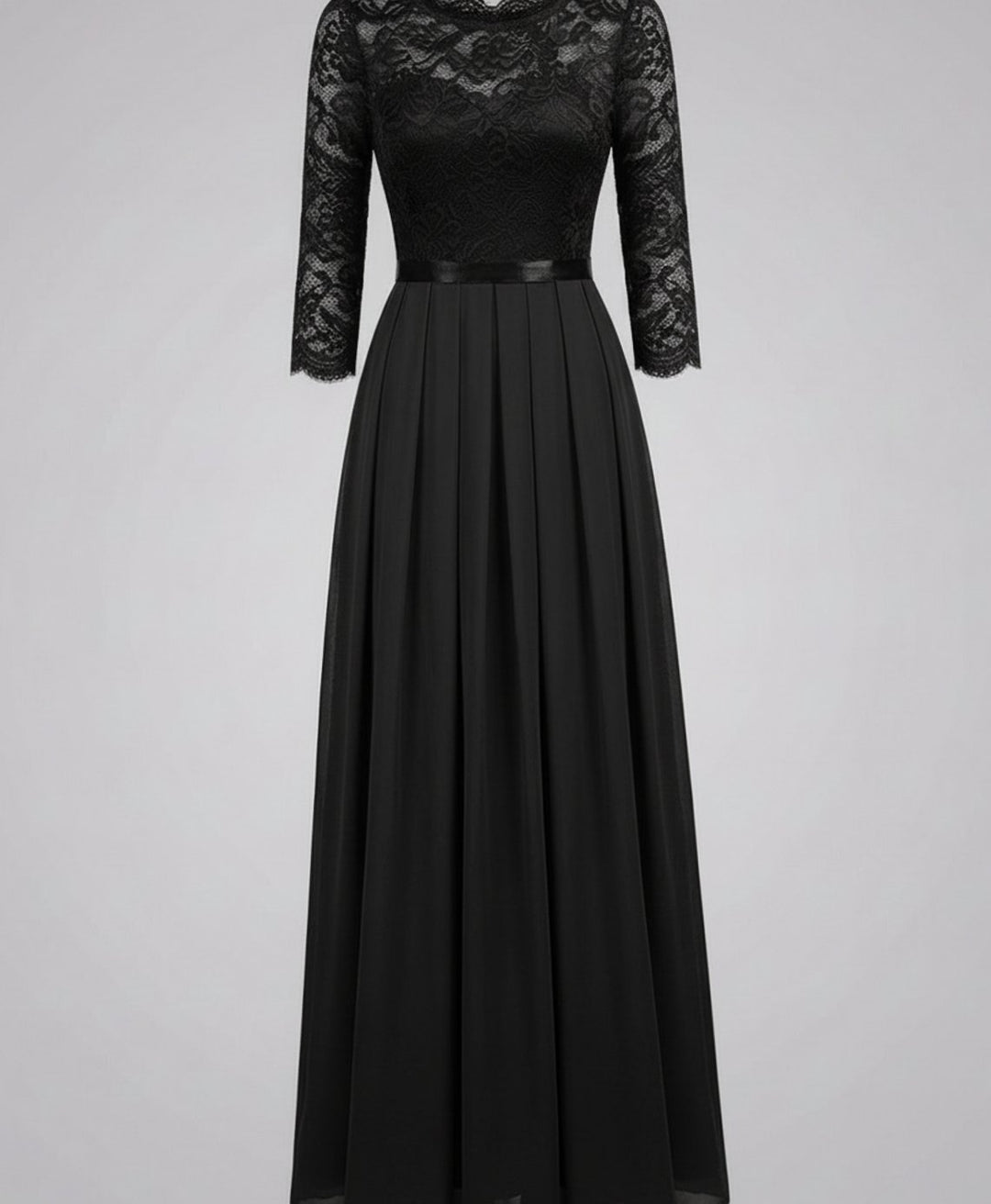 Women's Lace Bodice Three-Quarter Sleeve Chiffon Maxi Dress - Black