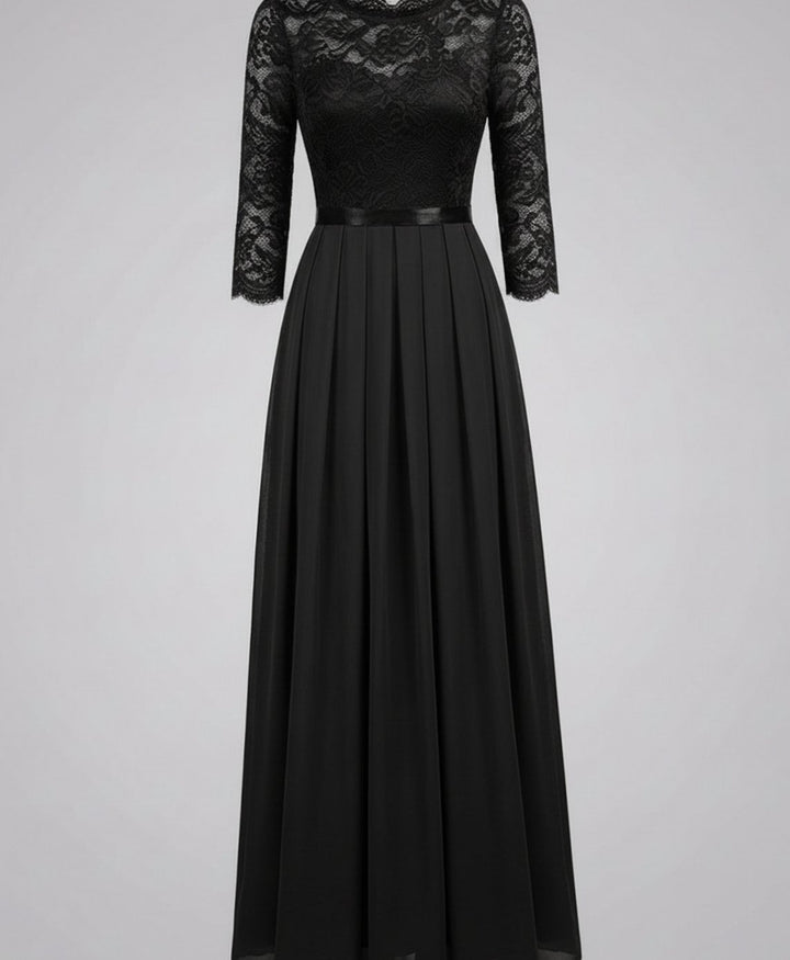 Women's Lace Bodice Three-Quarter Sleeve Chiffon Maxi Dress - Black