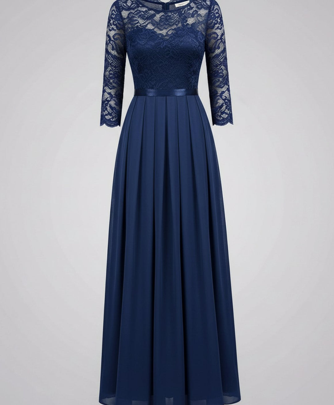 Women's Lace Bodice Three-Quarter Sleeve Chiffon Maxi Dress - Blue