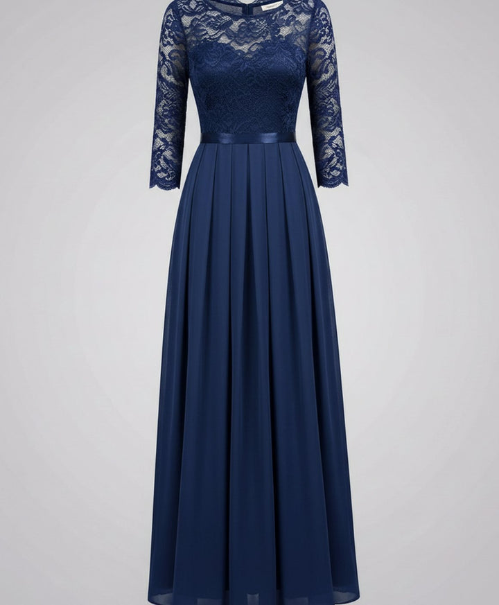 Women's Lace Bodice Three-Quarter Sleeve Chiffon Maxi Dress - Blue