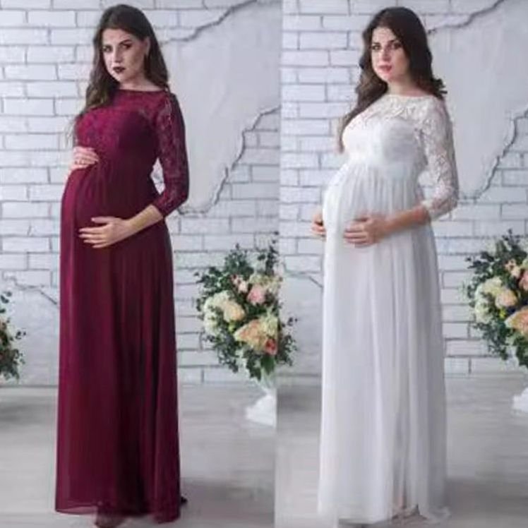 Women's Lace Chiffon Long Sleeve Maternity Maxi Dress