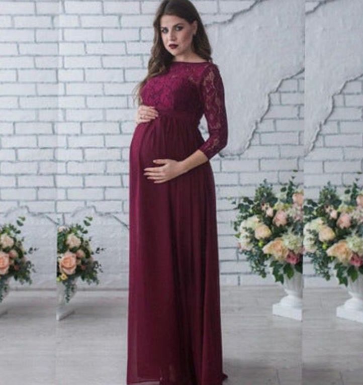 Women's Lace Chiffon Long Sleeve Maternity Maxi Dress - Burgundy