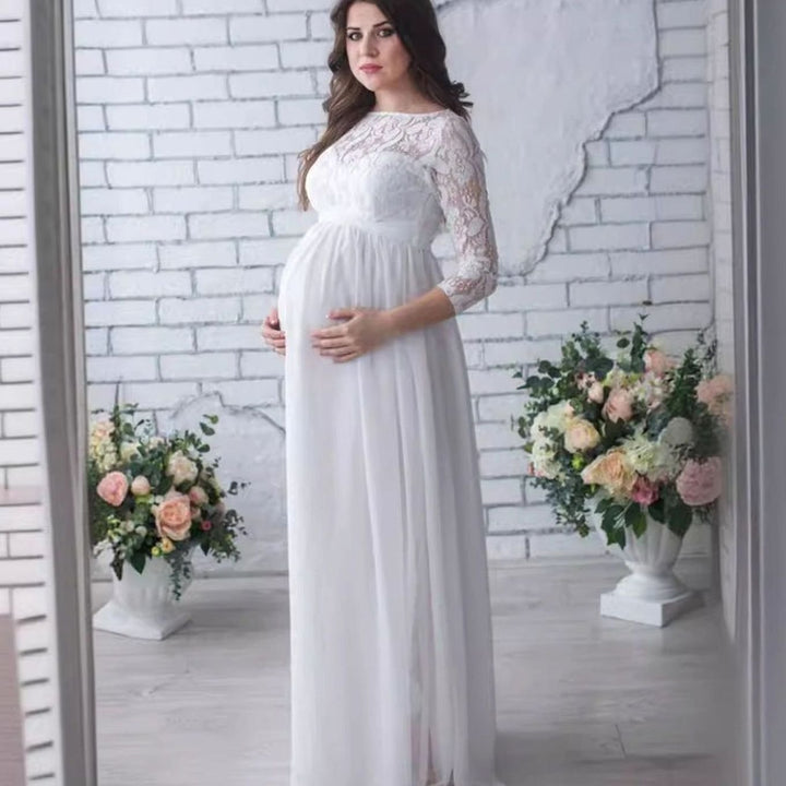 Women's Lace Chiffon Long Sleeve Maternity Maxi Dress - White