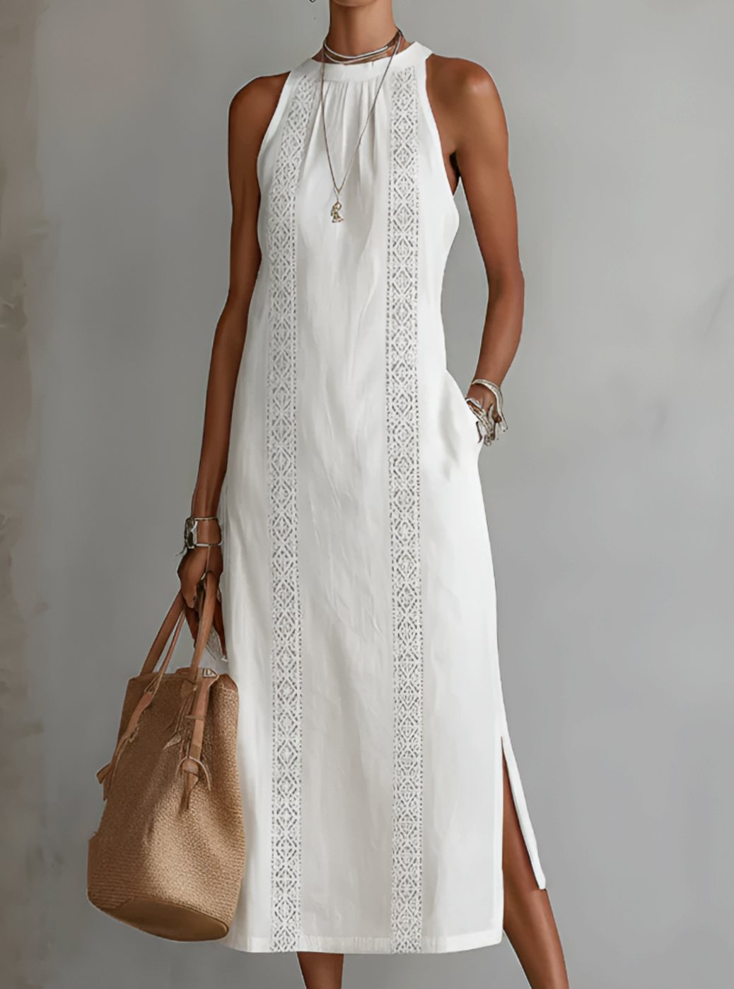 Women's Lace Panel Relaxed Halter Neck Midi Dress - White