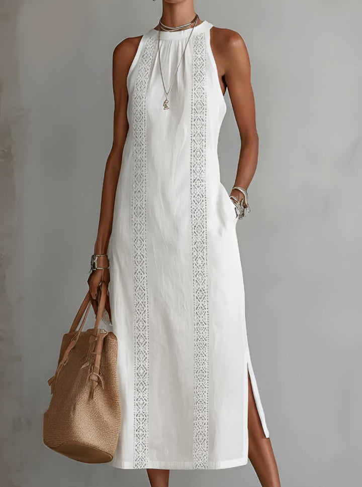 Women's Lace Panel Relaxed Halter Neck Midi Dress - White