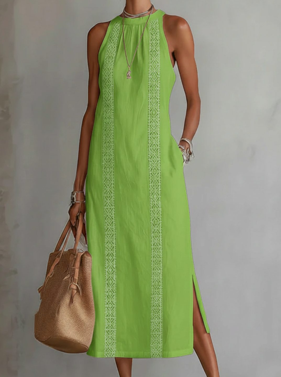 Women's Lace Panel Relaxed Halter Neck Midi Dress - Light Green