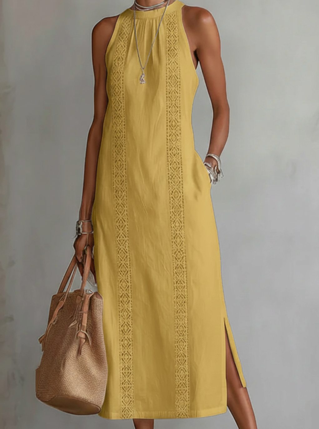 Women's Lace Panel Relaxed Halter Neck Midi Dress - Yellow