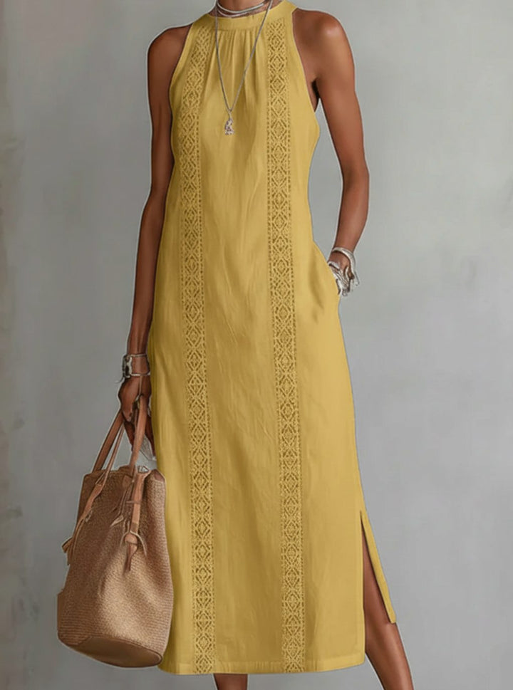 Women's Lace Panel Relaxed Halter Neck Midi Dress - Yellow