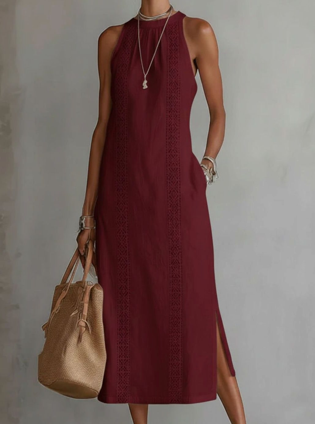 Women's Lace Panel Relaxed Halter Neck Midi Dress - Wine Red
