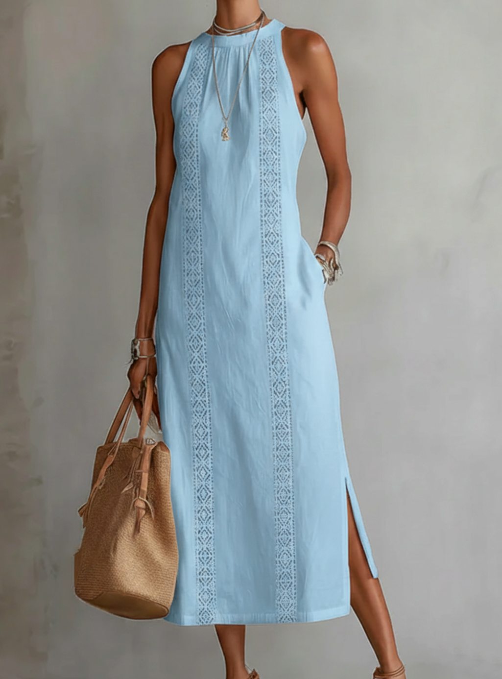 Women's Lace Panel Relaxed Halter Neck Midi Dress - Light Blue