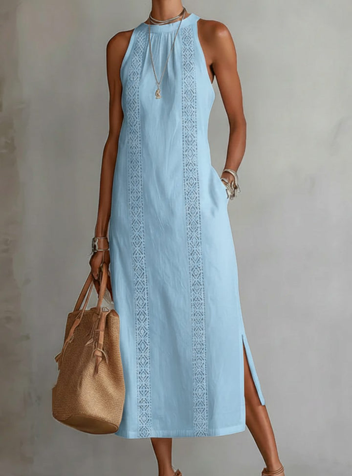 Women's Lace Panel Relaxed Halter Neck Midi Dress - Light Blue