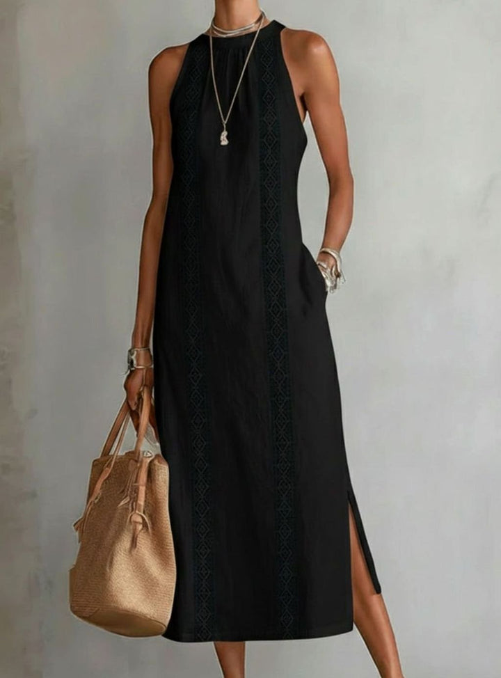 Women's Lace Panel Relaxed Halter Neck Midi Dress - Black