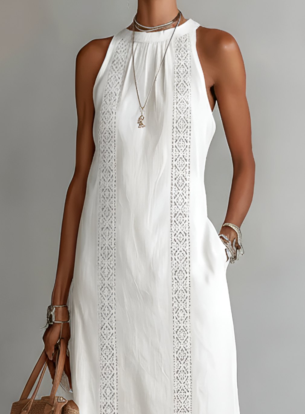 Women's Lace Panel Relaxed Halter Neck Midi Dress
