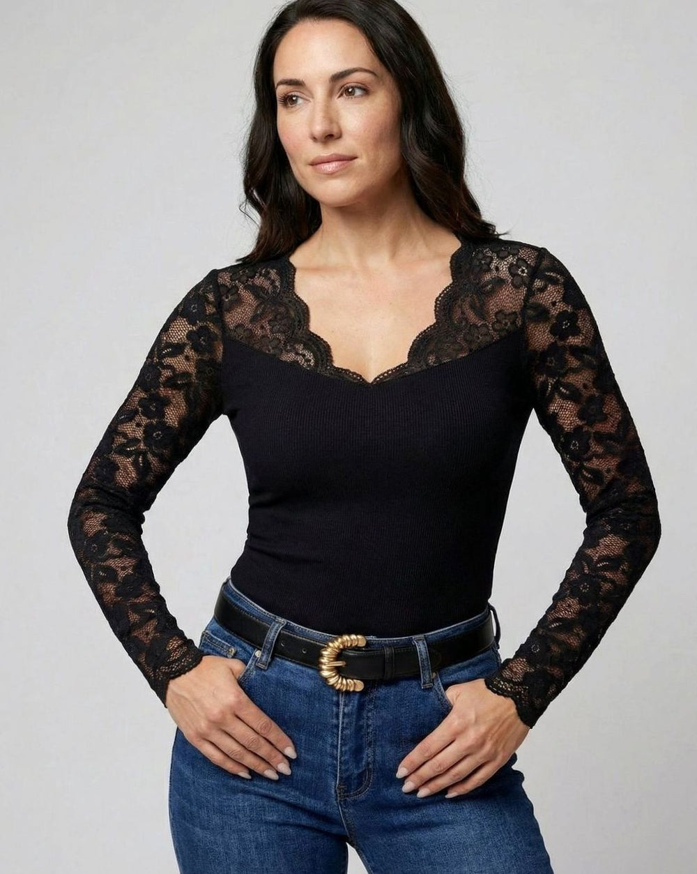 Women's Lace-Sleeve V-Neck Fitted Ribbed Bodysuit - Black