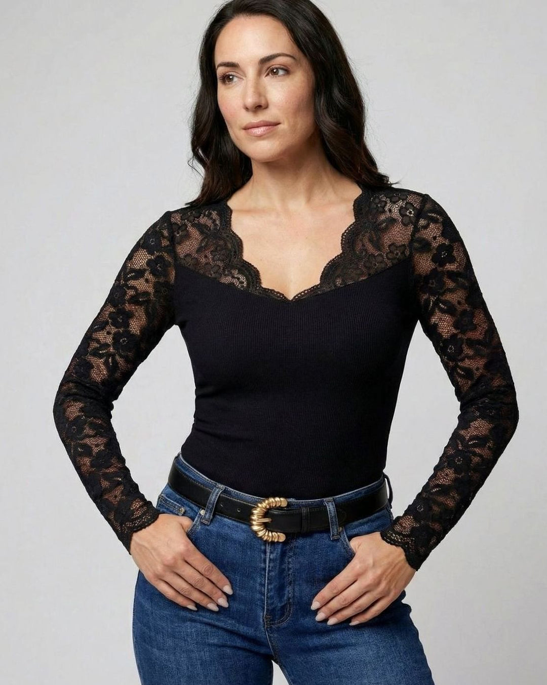 Women's Lace-Sleeve V-Neck Fitted Ribbed Bodysuit - Black