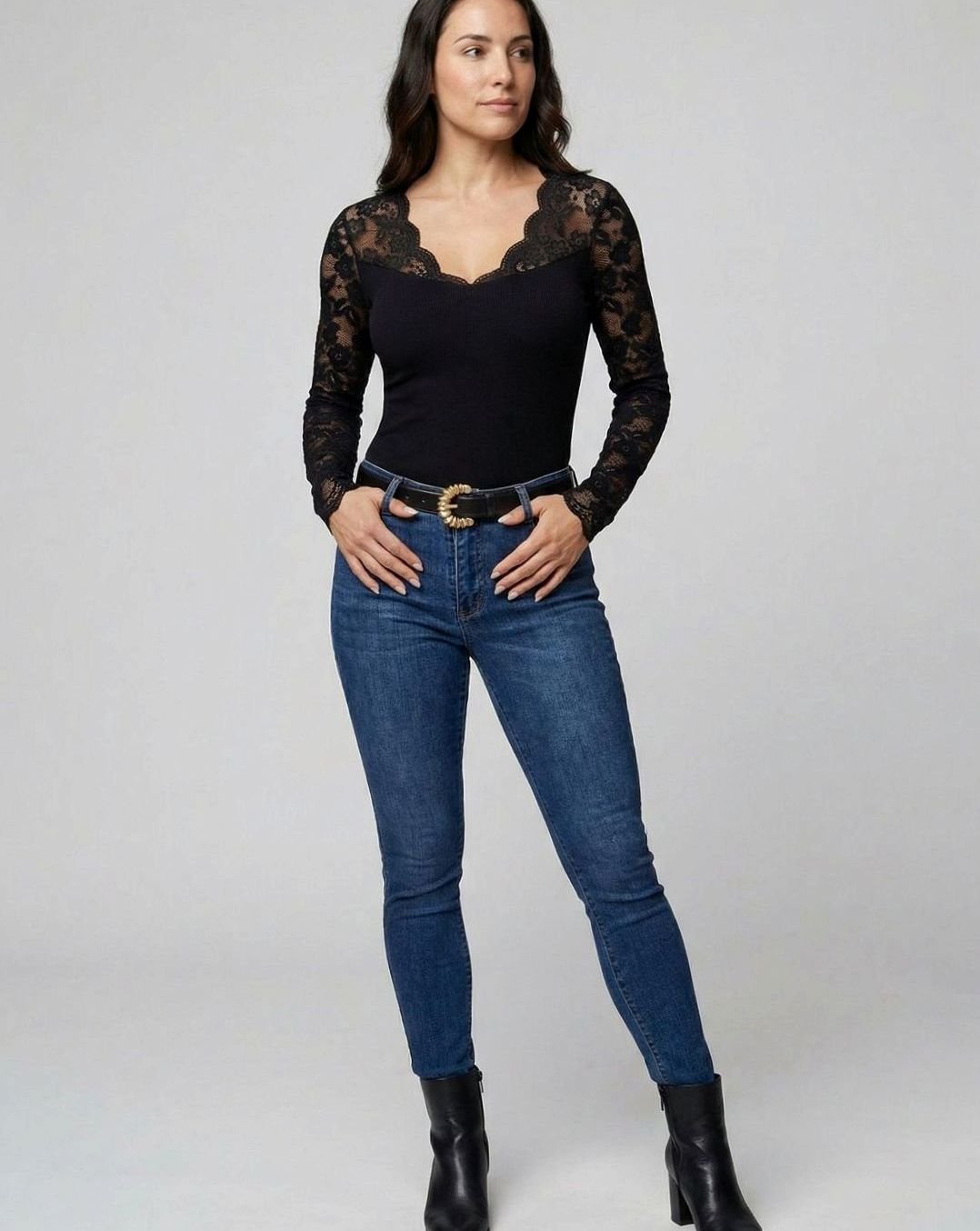 Women's Lace-Sleeve V-Neck Fitted Ribbed Bodysuit