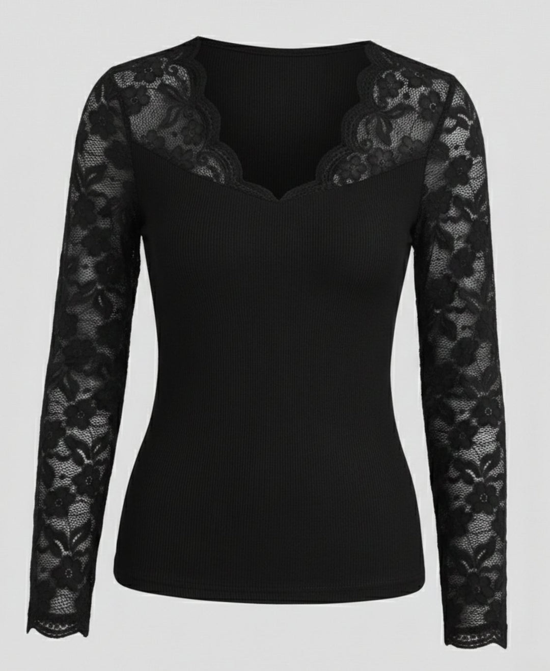 Women's Lace-Sleeve V-Neck Fitted Ribbed Bodysuit
