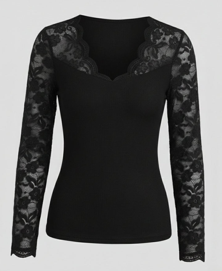 Women's Lace-Sleeve V-Neck Fitted Ribbed Bodysuit