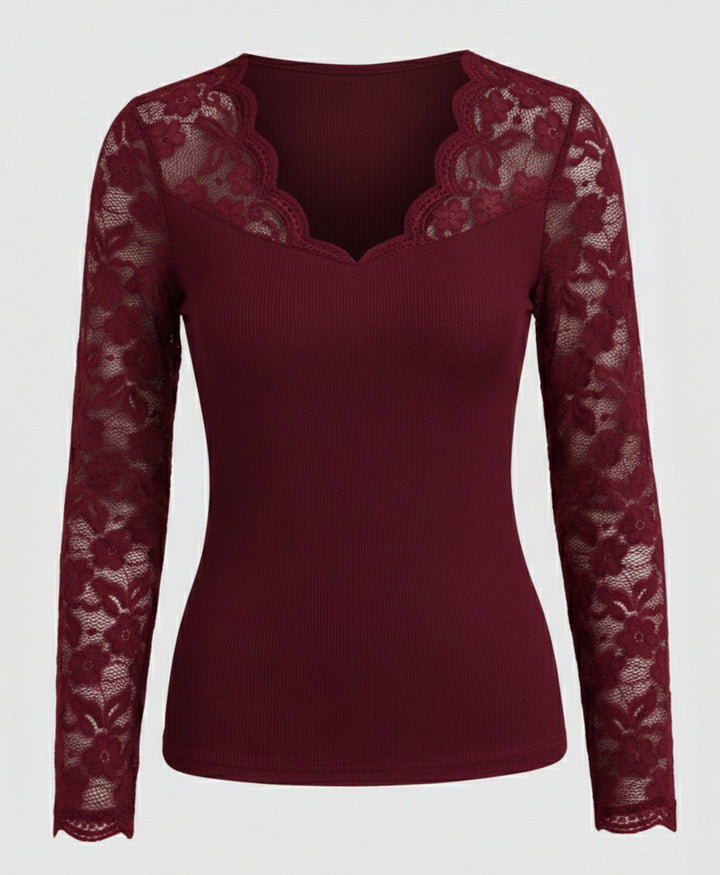 Women's Lace-Sleeve V-Neck Fitted Ribbed Bodysuit - Red