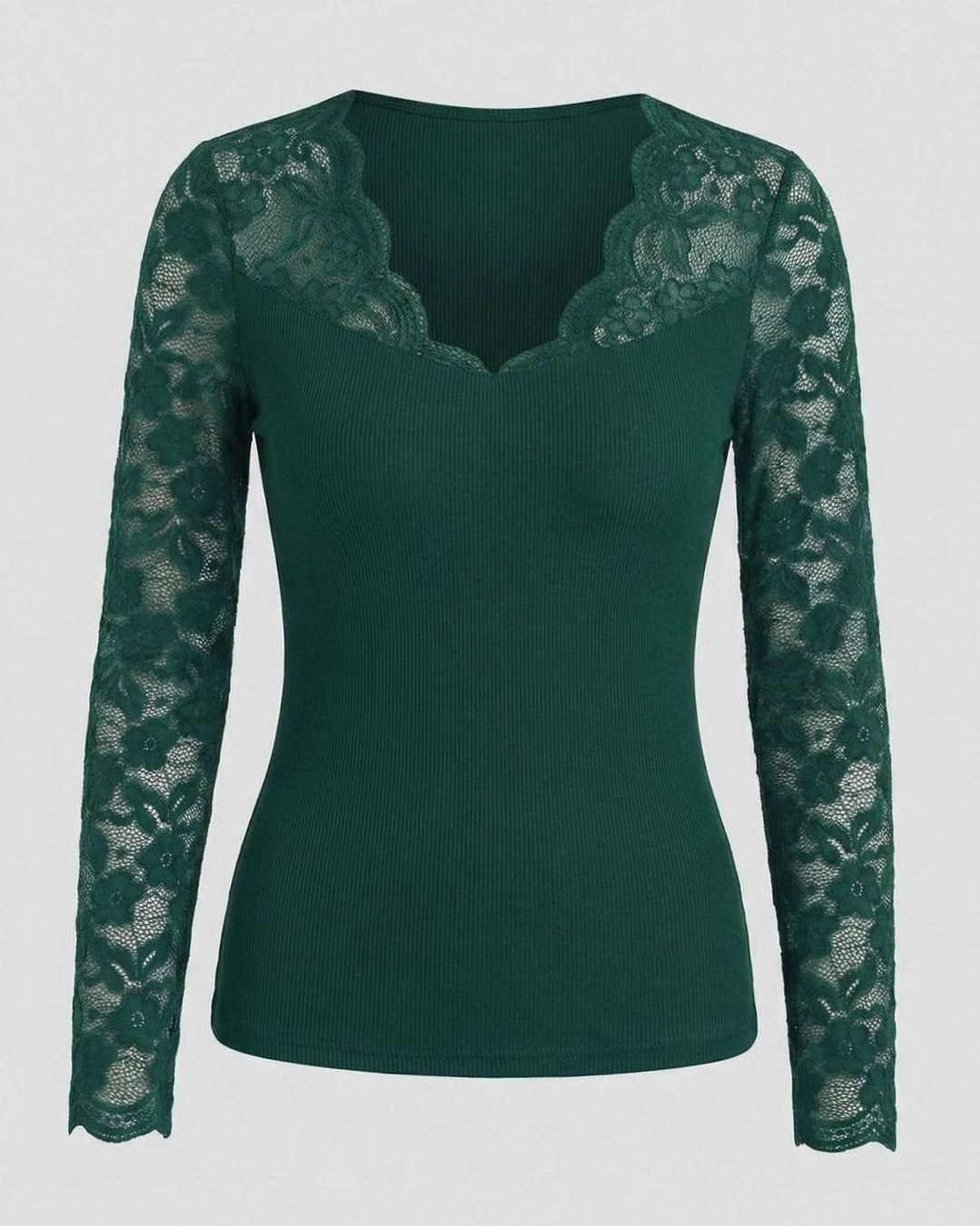 Women's Lace-Sleeve V-Neck Fitted Ribbed Bodysuit - Green