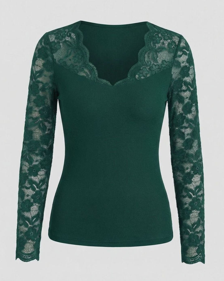 Women's Lace-Sleeve V-Neck Fitted Ribbed Bodysuit - Green