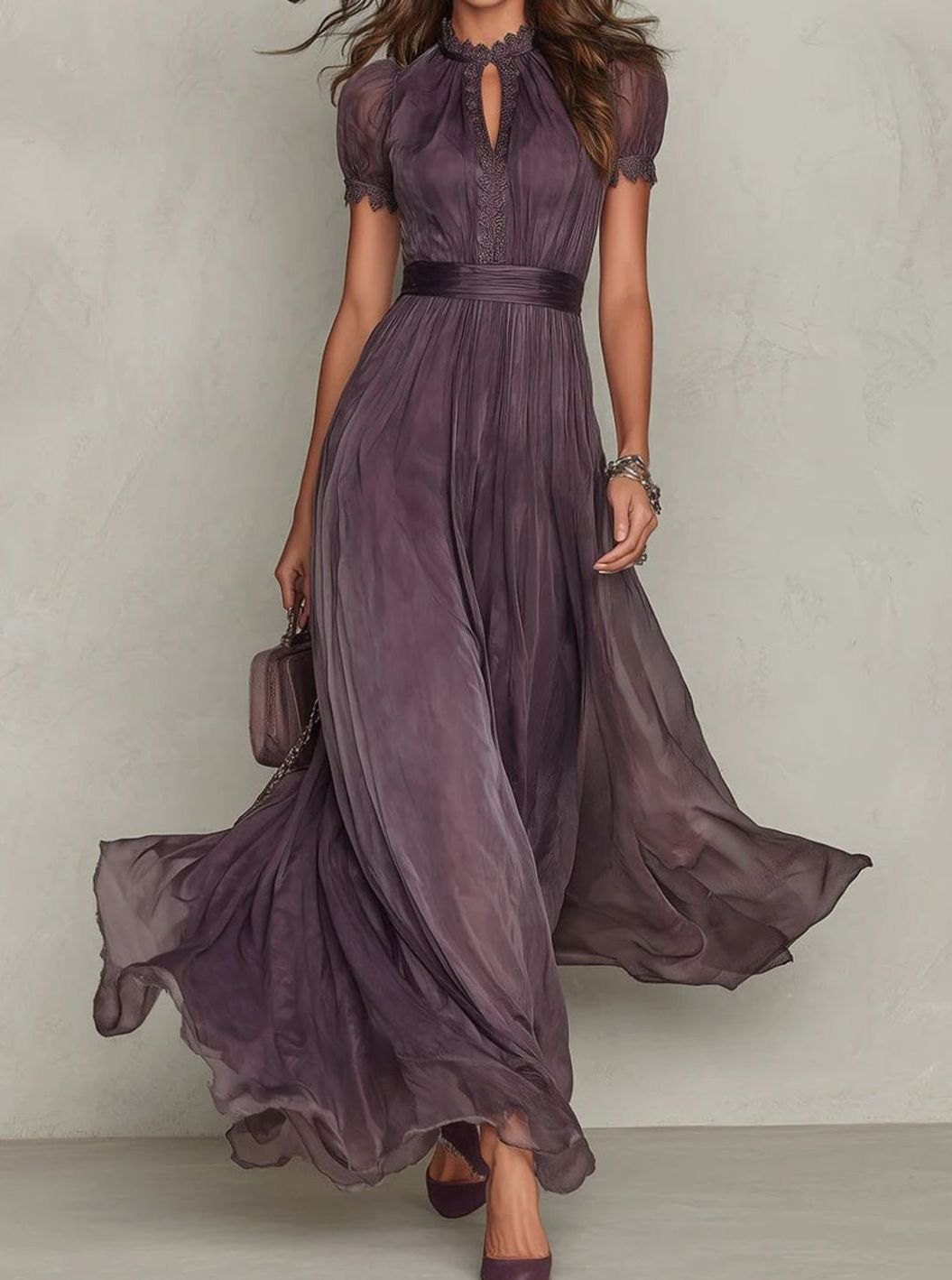 Women's Lace Trim Gathered-Waist Chiffon Maxi Dress - Purple