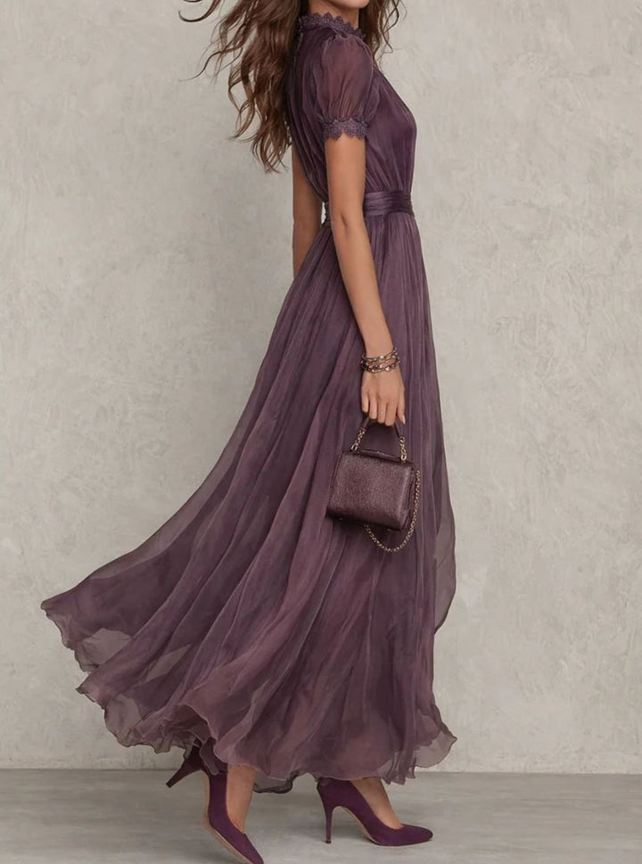 Women's Lace Trim Gathered-Waist Chiffon Maxi Dress