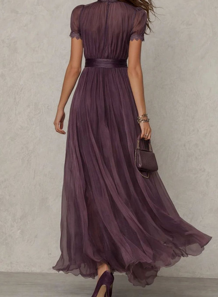 Women's Lace Trim Gathered-Waist Chiffon Maxi Dress