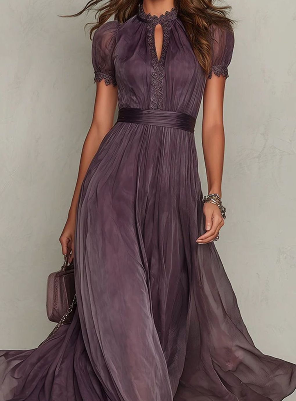 Women's Lace Trim Gathered-Waist Chiffon Maxi Dress