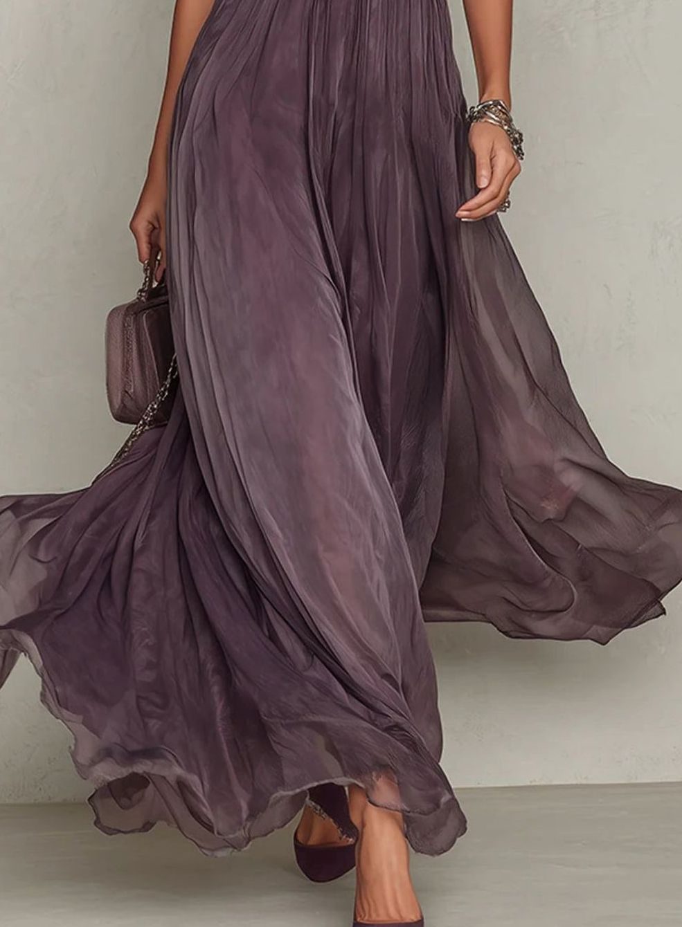 Women's Lace Trim Gathered-Waist Chiffon Maxi Dress