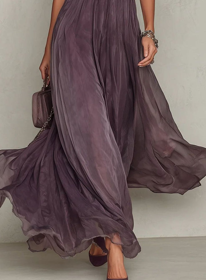 Women's Lace Trim Gathered-Waist Chiffon Maxi Dress