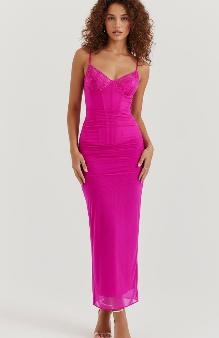 Women's Lace-Trim Mesh Maxi Dress Corseted Underwired Bodycon - Hot Pink