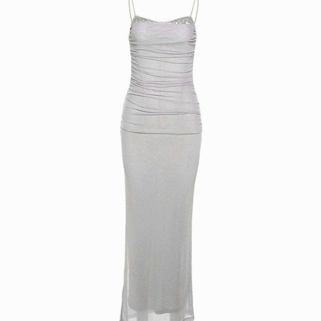 Women's Lace-Trim Mesh Maxi Dress Corseted Underwired Bodycon - Off White