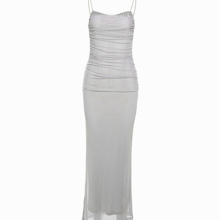 Women's Lace-Trim Mesh Maxi Dress Corseted Underwired Bodycon - Off White