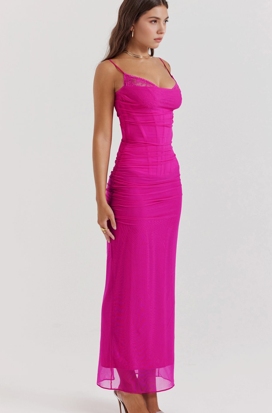 Women's Lace-Trim Mesh Maxi Dress Corseted Underwired Bodycon