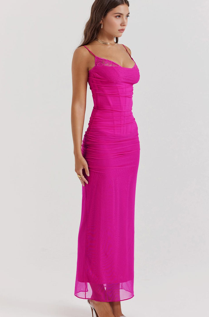 Women's Lace-Trim Mesh Maxi Dress Corseted Underwired Bodycon