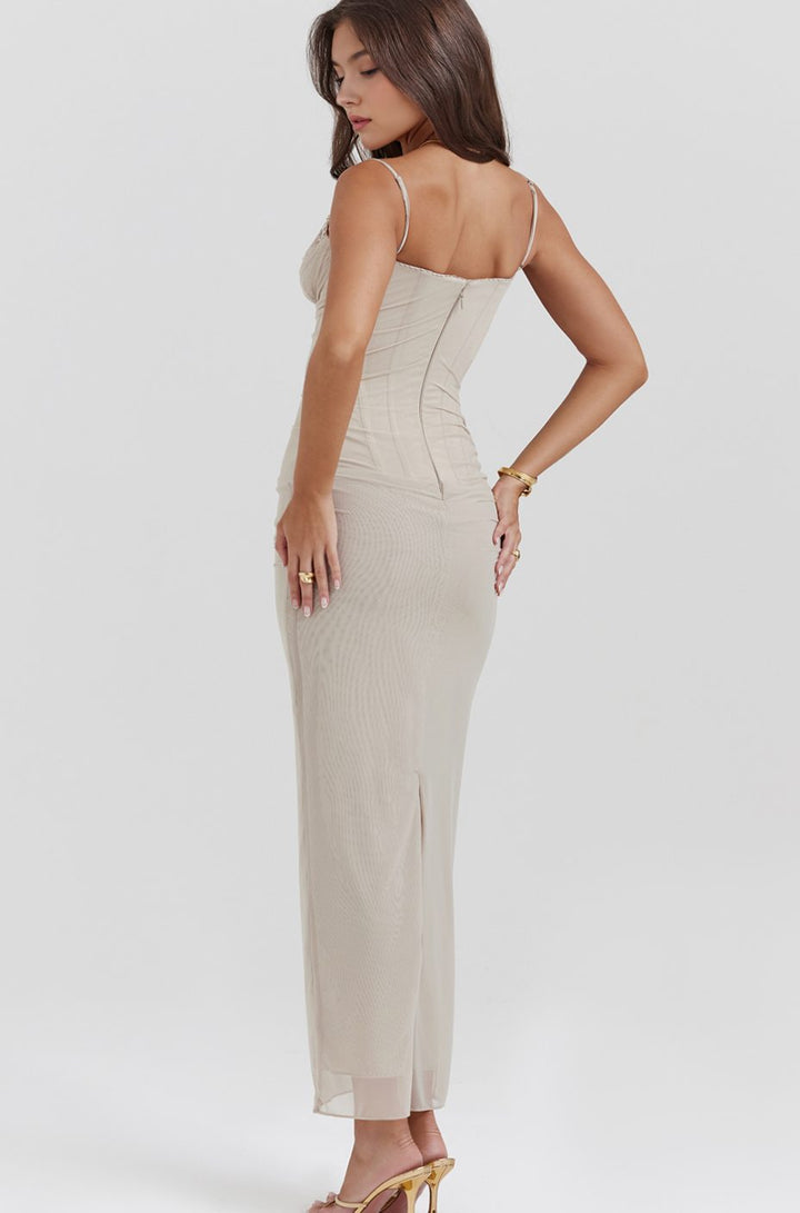 Women's Lace-Trim Mesh Maxi Dress Corseted Underwired Bodycon