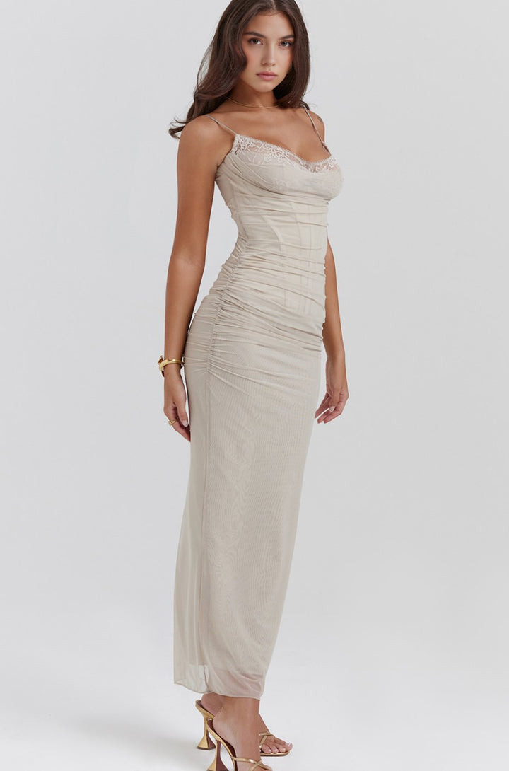 Women's Lace-Trim Mesh Maxi Dress Corseted Underwired Bodycon