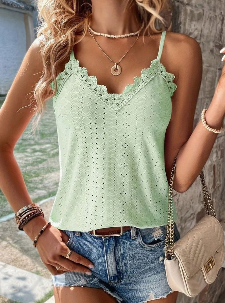 Women's Lace-Trim V-Neck Eyelet Spaghetti Strap Cami Top - Light Green