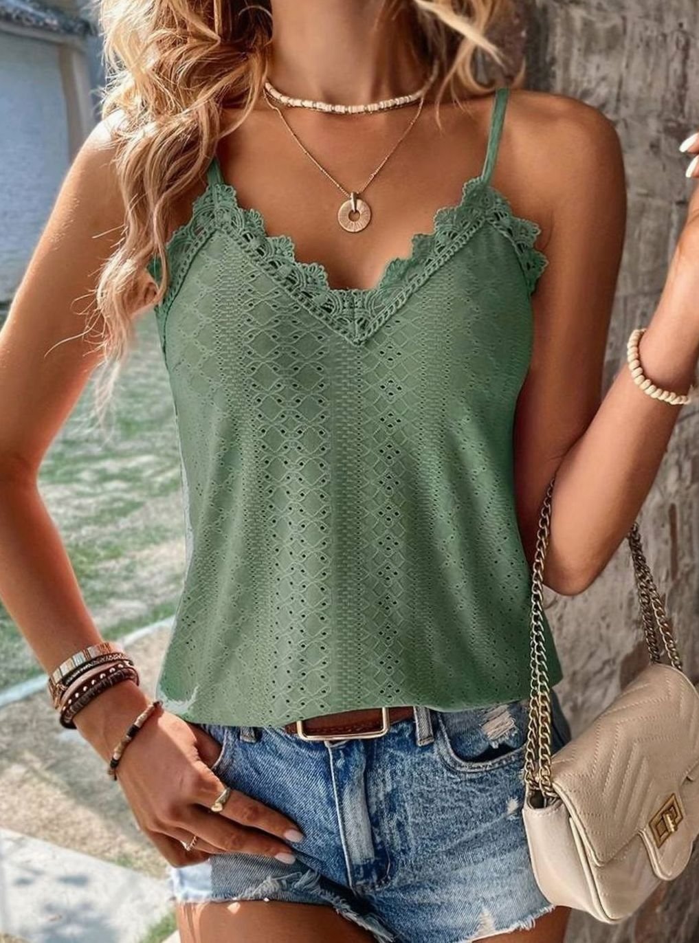 Women's Lace-Trim V-Neck Eyelet Spaghetti Strap Cami Top - Green