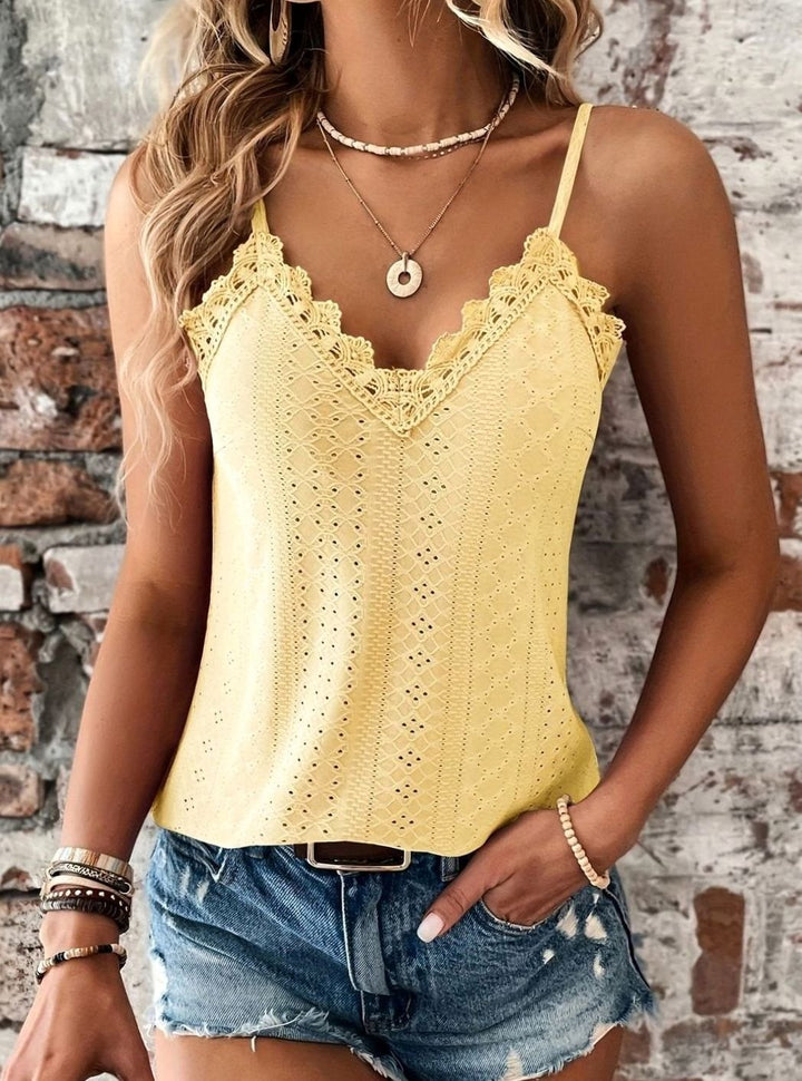 Women's Lace-Trim V-Neck Eyelet Spaghetti Strap Cami Top - Yellow