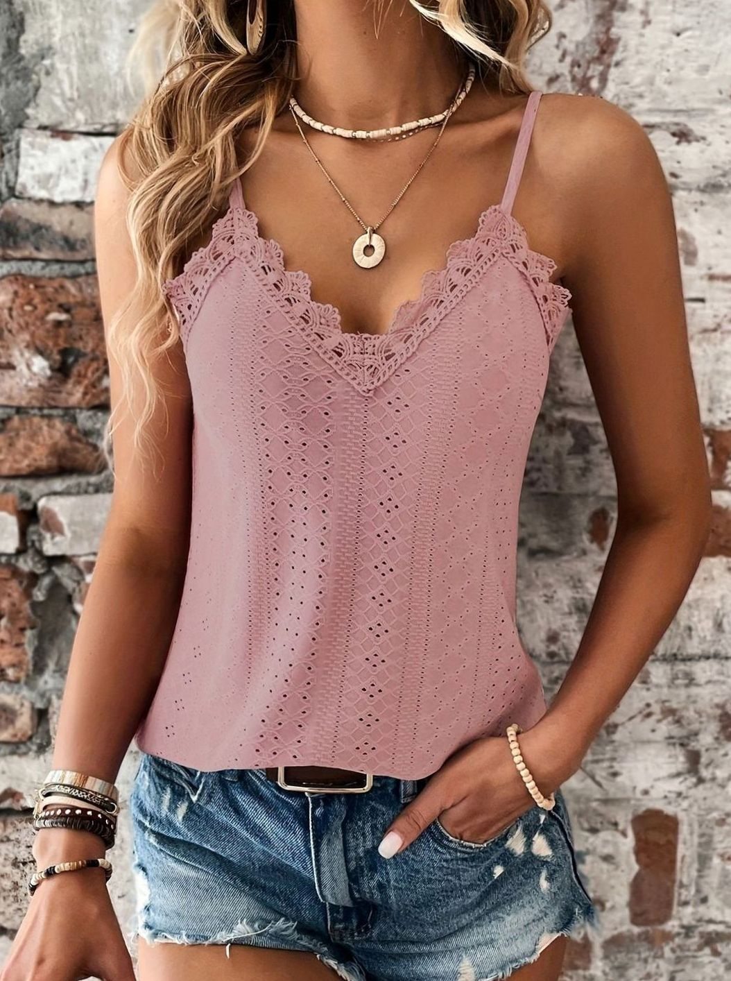 Women's Lace-Trim V-Neck Eyelet Spaghetti Strap Cami Top - Pink