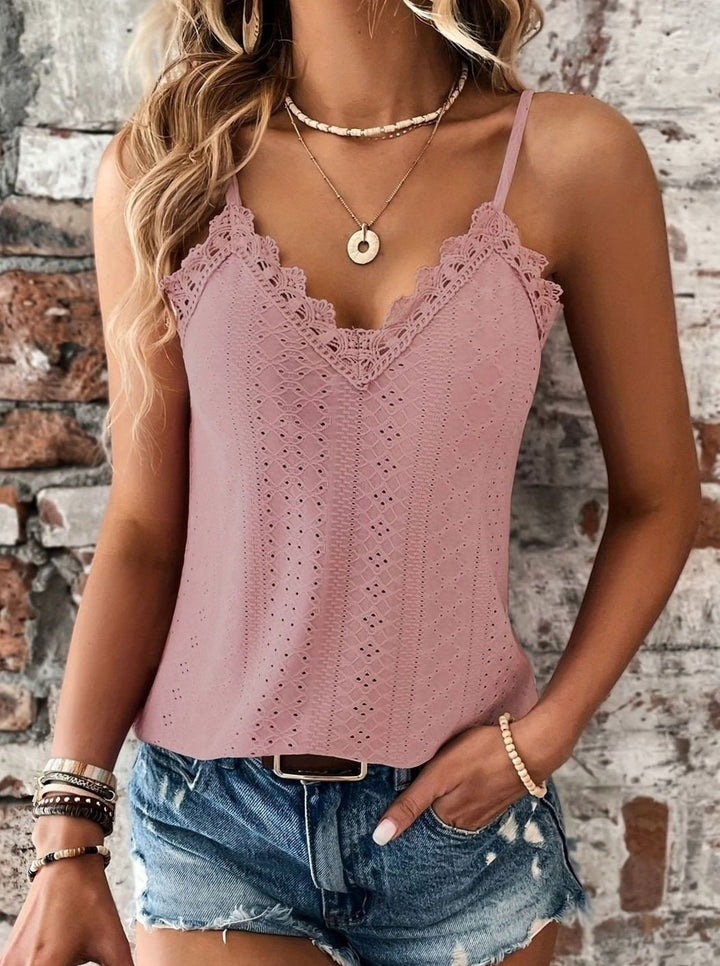 Women's Lace-Trim V-Neck Eyelet Spaghetti Strap Cami Top - Pink