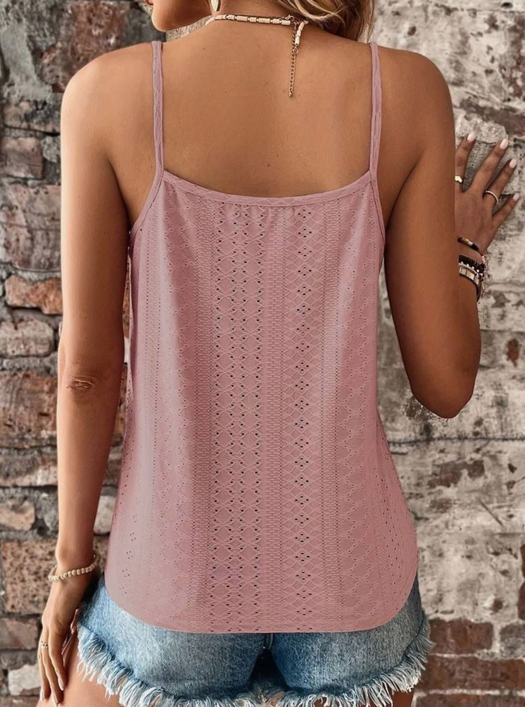 Women's Lace-Trim V-Neck Eyelet Spaghetti Strap Cami Top