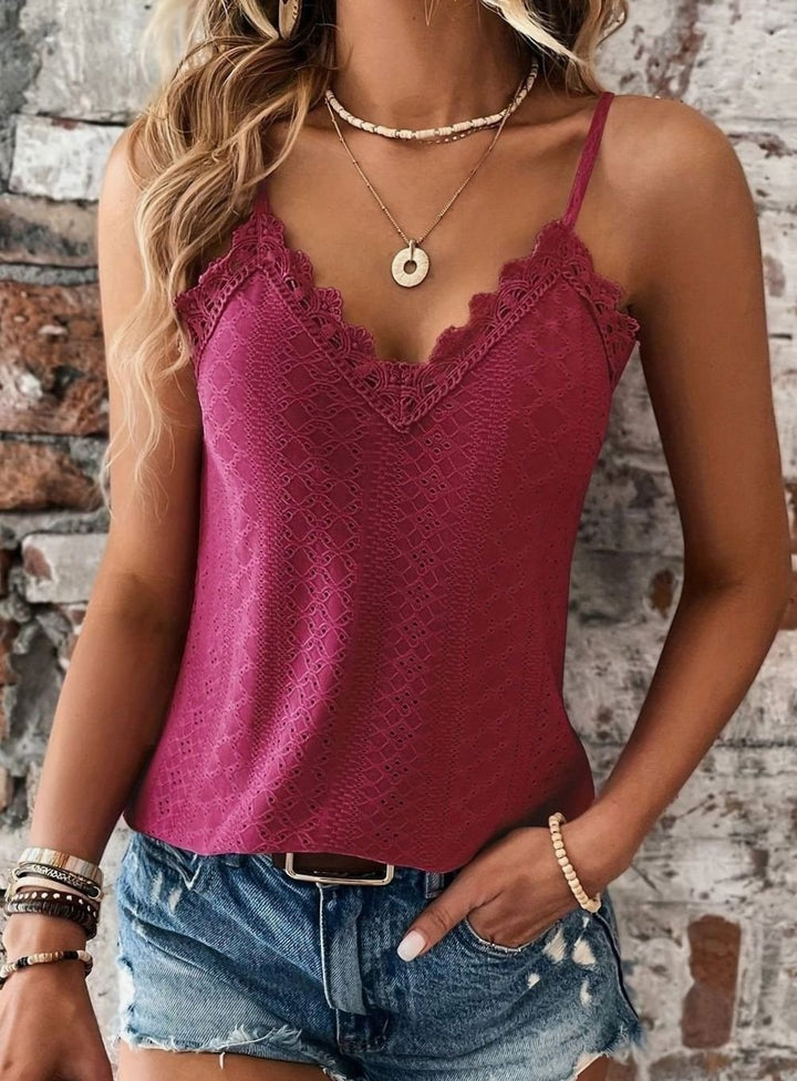 Women's Lace-Trim V-Neck Eyelet Spaghetti Strap Cami Top - Burgundy
