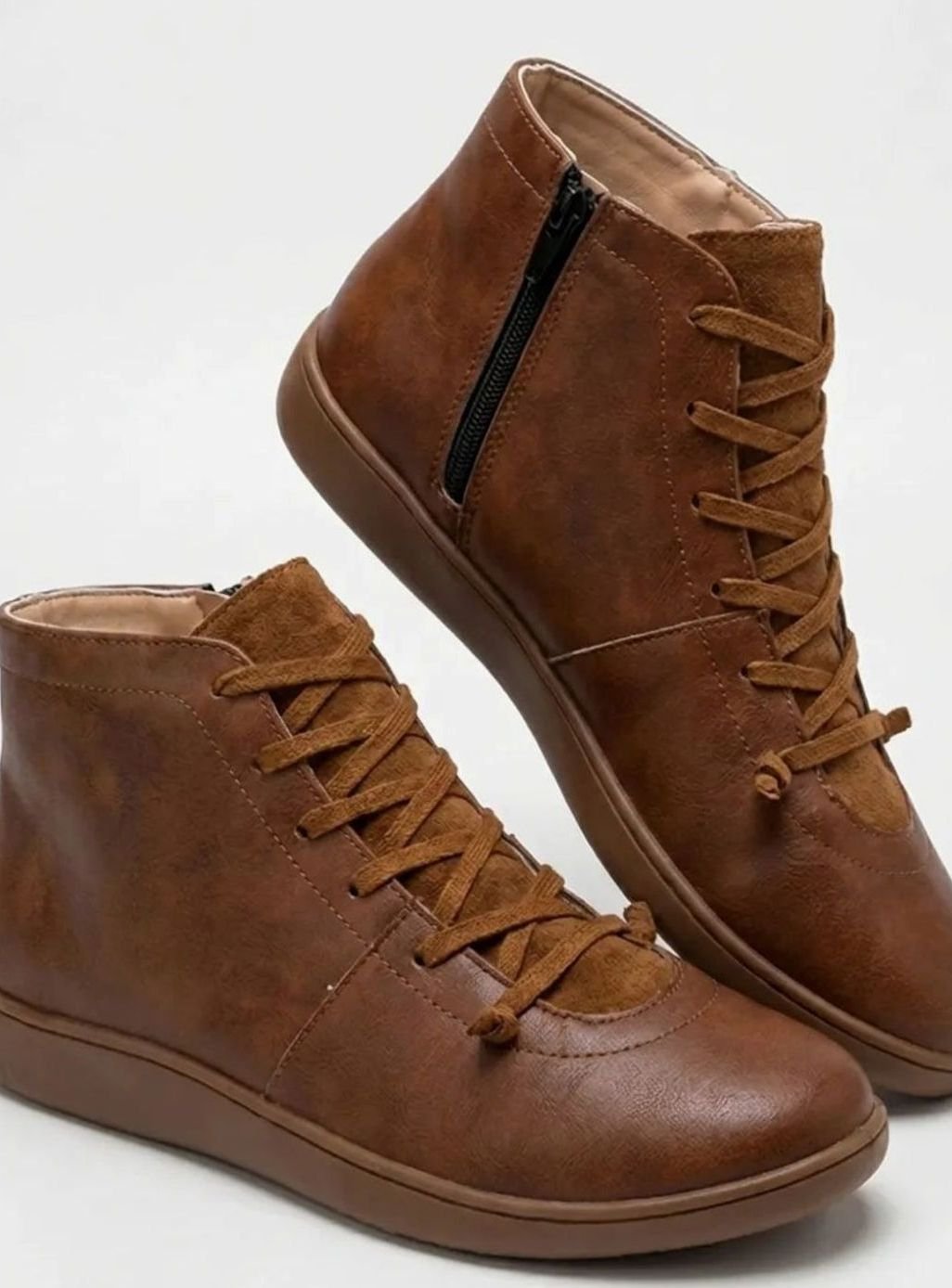 Women's Lace-Up Ankle Boots Comfort Flat Booties - Brown