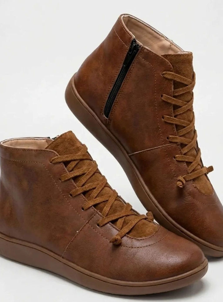 Women's Lace-Up Ankle Boots Comfort Flat Booties - Brown