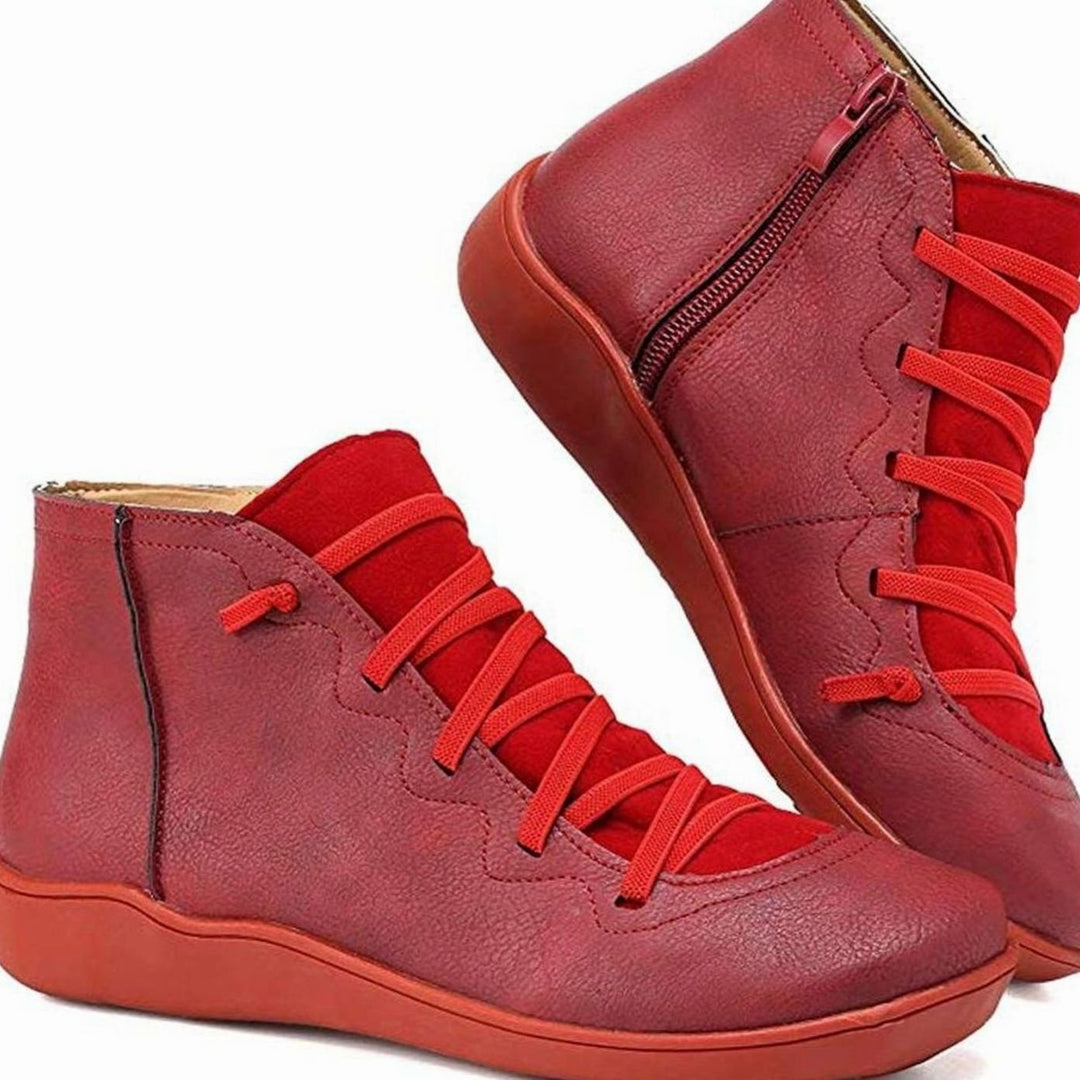 Women's Lace-Up Ankle Boots Comfort Flat Booties - Red